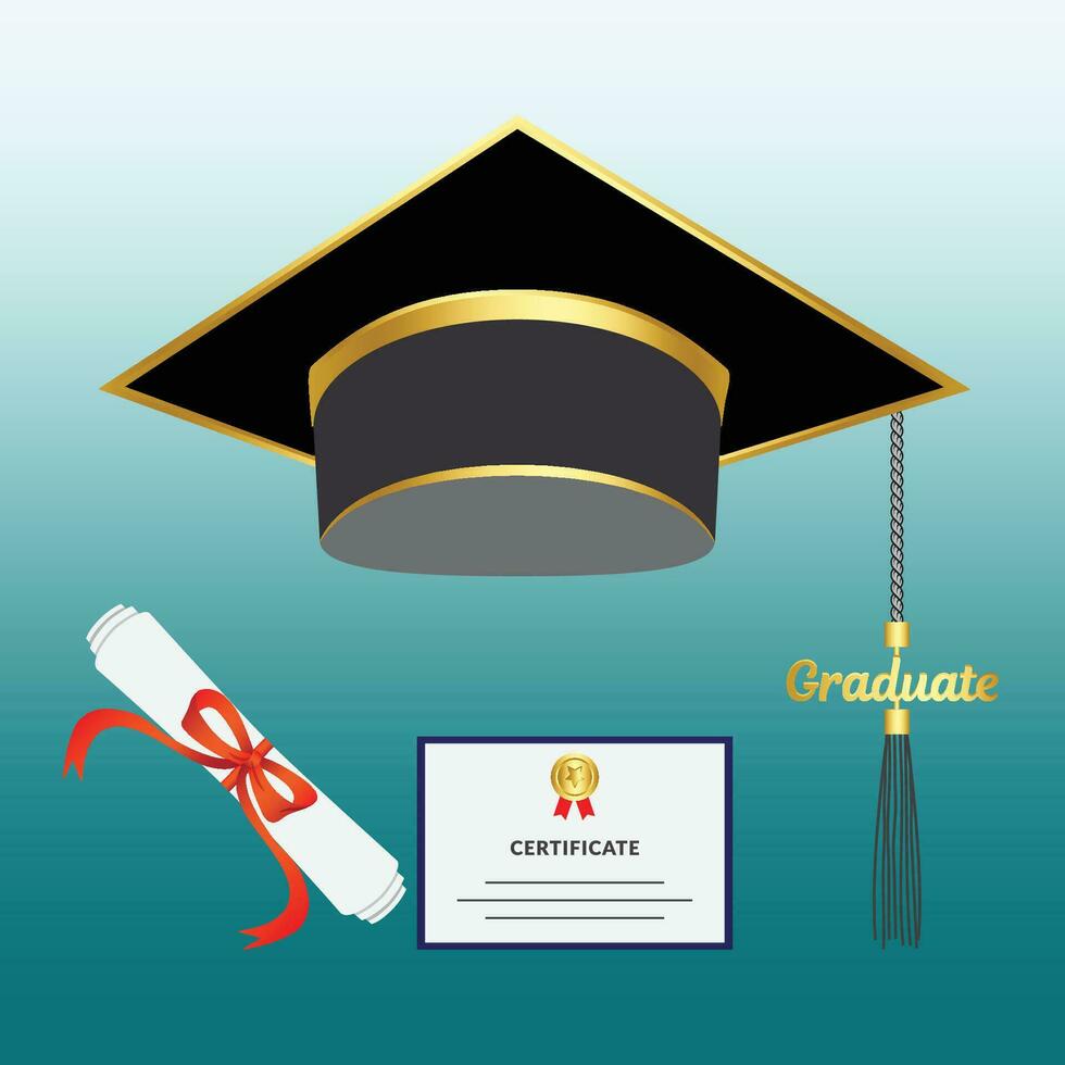 Graduation hat scroll and certificate illustration vector