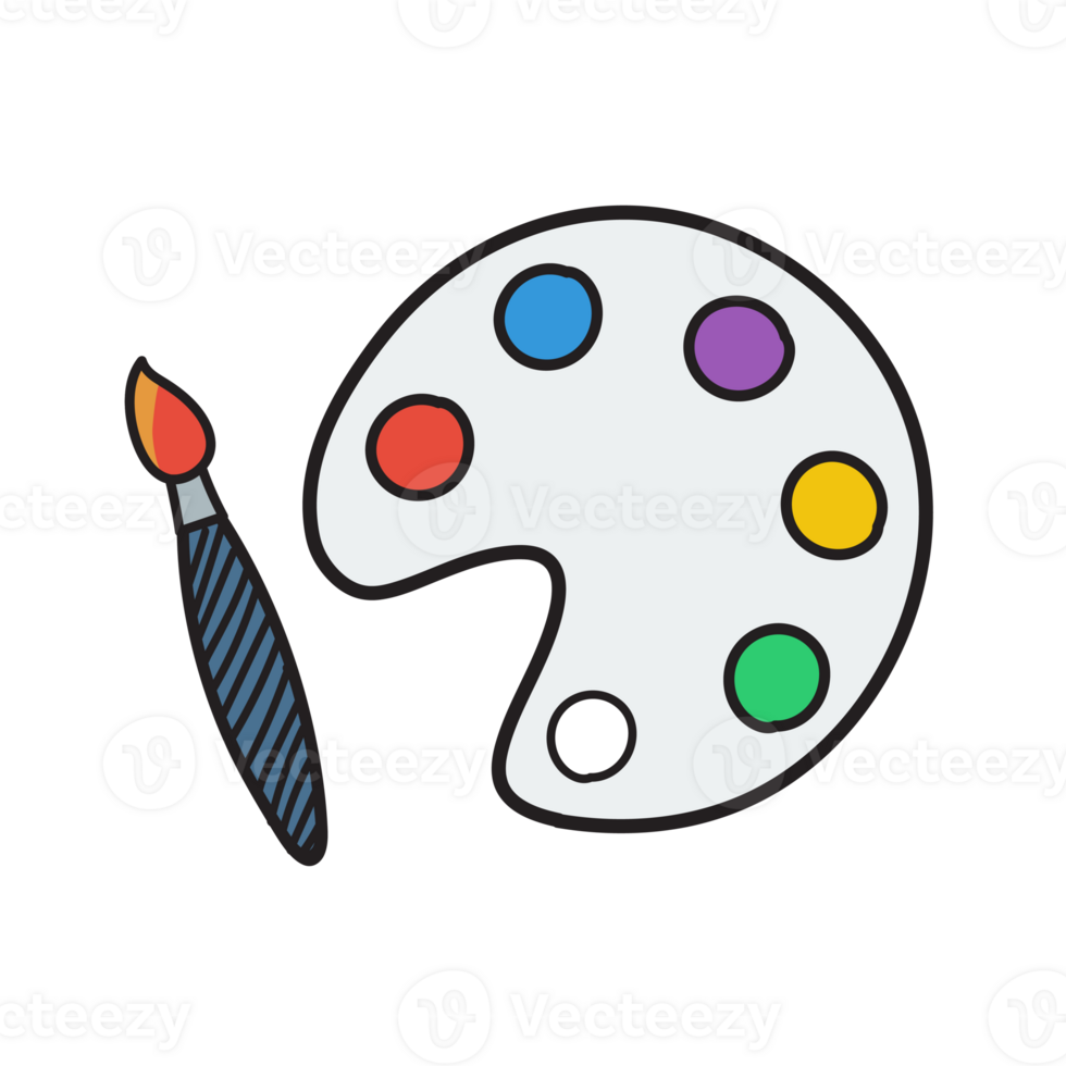 Paintbrush and palette. Education doodles color hand drawn png