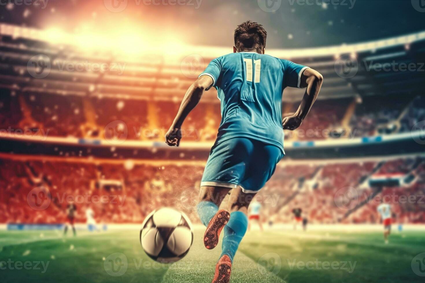 Back view of soccer player on the field of stadium photo