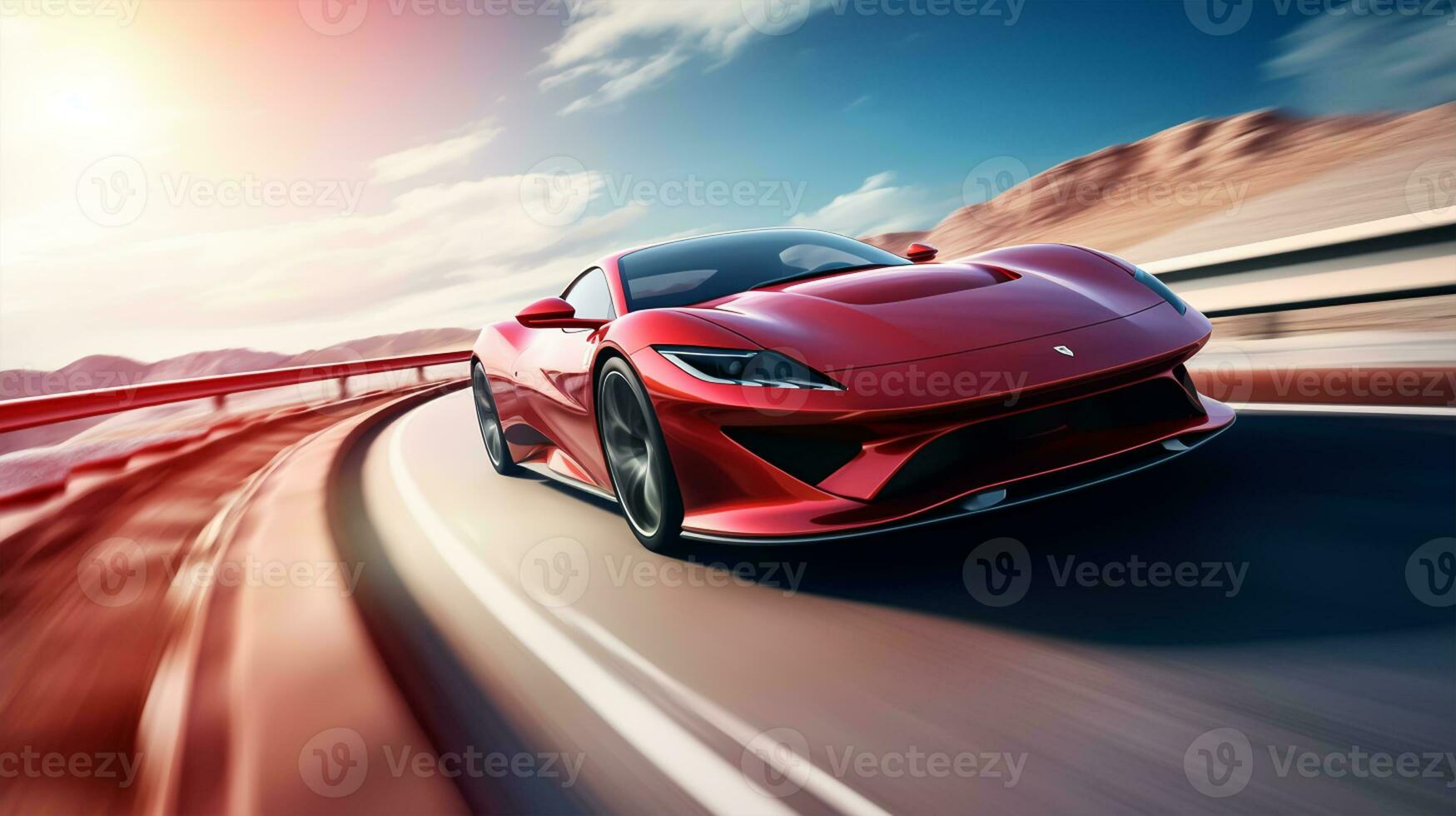 Red sport car on the road with motion blur effect photo