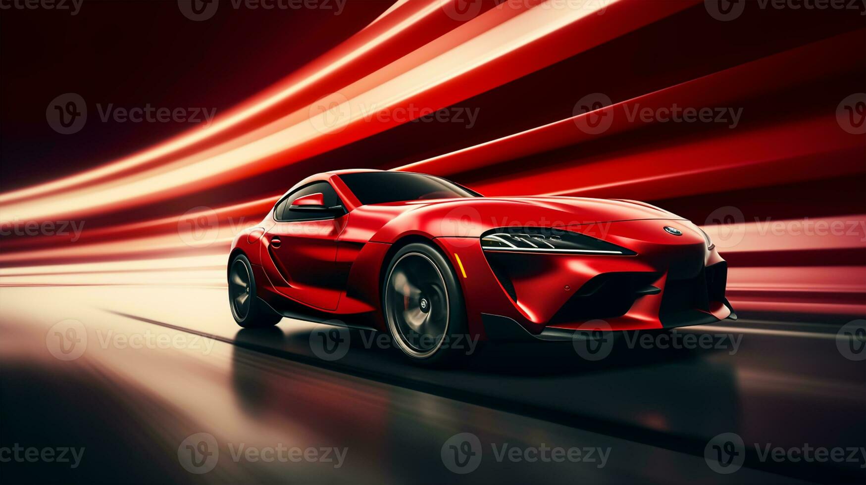 Red sport car on the road with motion blur effect photo