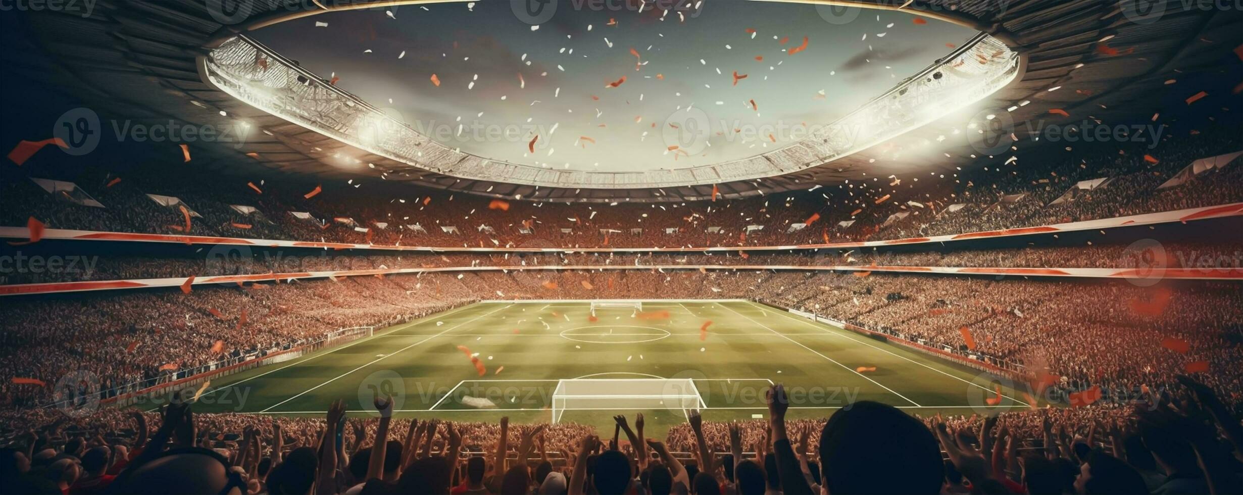 Football fans on the background of the stadium at night. Crowds of people in the stands photo