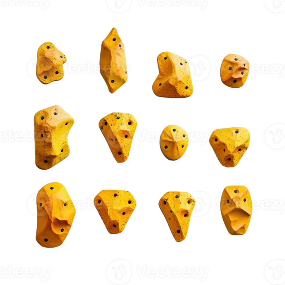 Set of yellow rock climbing holds isolated on transparent background, created with generative AI png