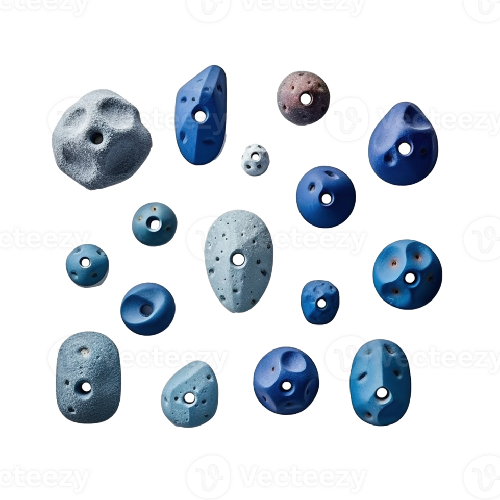 Set of blue rock climbing holds isolated on transparent background, created with generative AI png