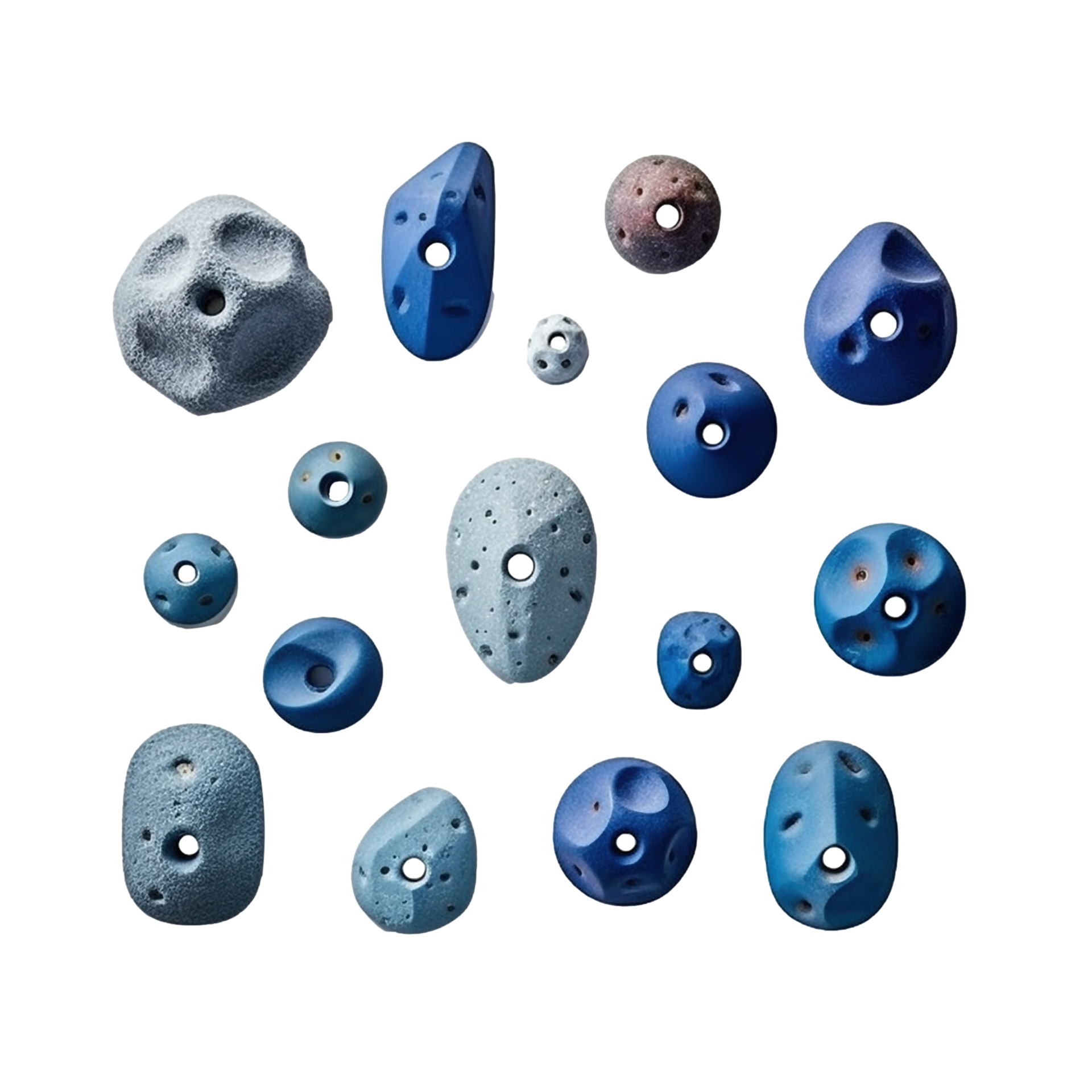Set of blue rock climbing holds isolated on transparent background