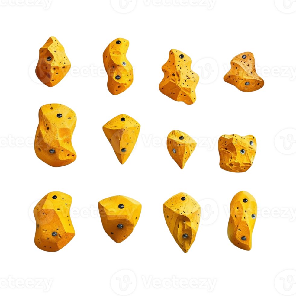 Set of yellow rock climbing holds isolated on transparent background, created with generative AI png