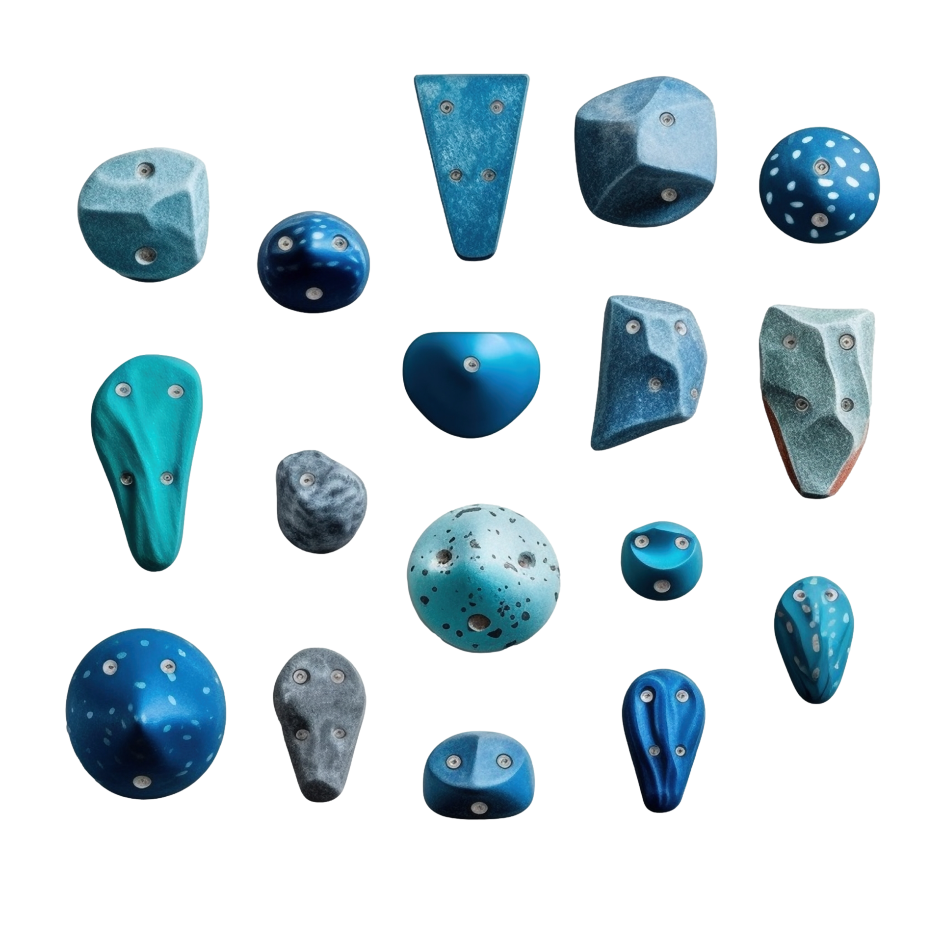 Set of blue rock climbing holds isolated on transparent background