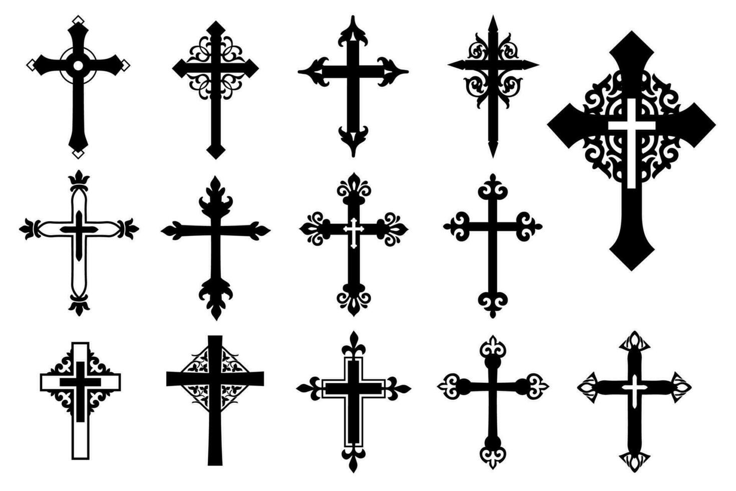 Decorative crucifix religion catholic symbol, Christian crosses. orthodox faith church cross icons design, isolated flat set. vector illustration.