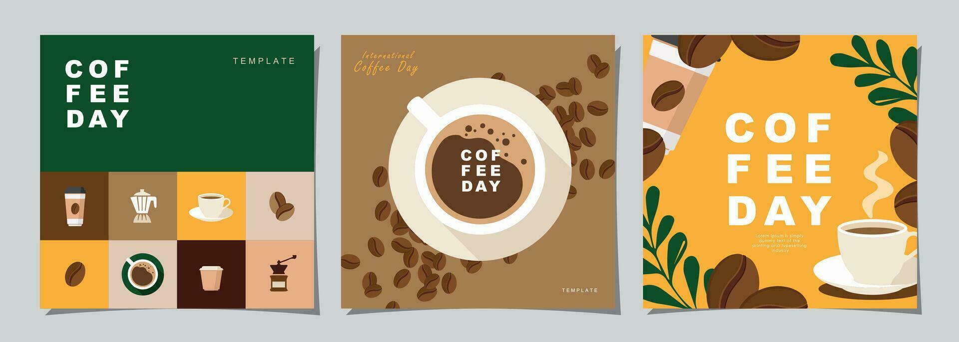 Set of International Coffee Day banner, 1st October holiday. Geometric simple minimalistic horizontal greeting flat style for banner, poster, background. Vector illustration.