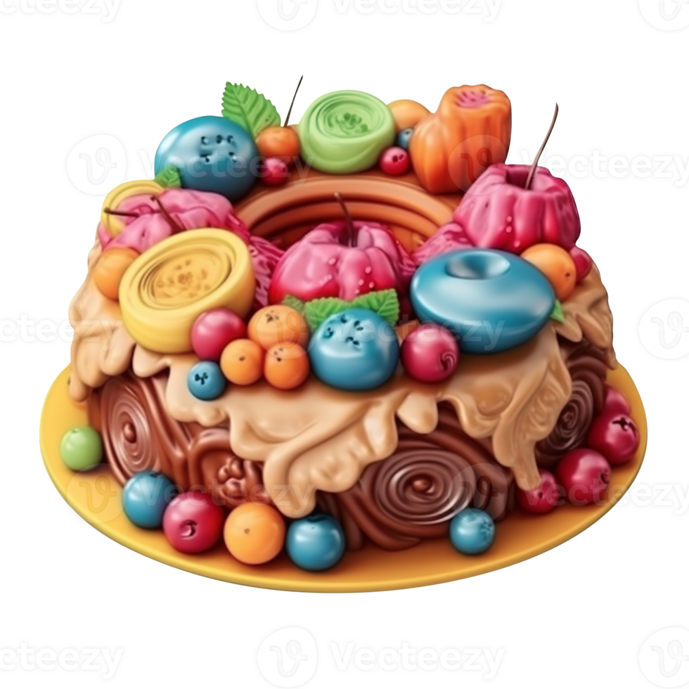 A cake decorated with beautiful colorful desserts. 3D clay illustration, ai generative. png