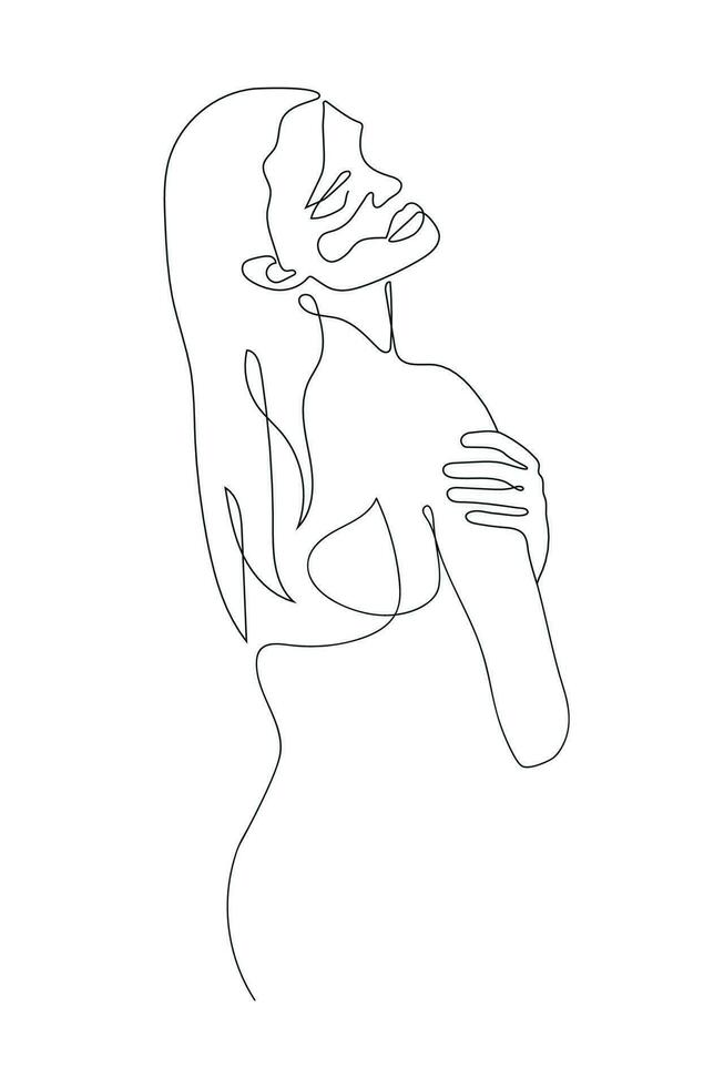 silueta de hermosa mujer con largo cabello. uno línea dibujo. minimalismo vector ilustración