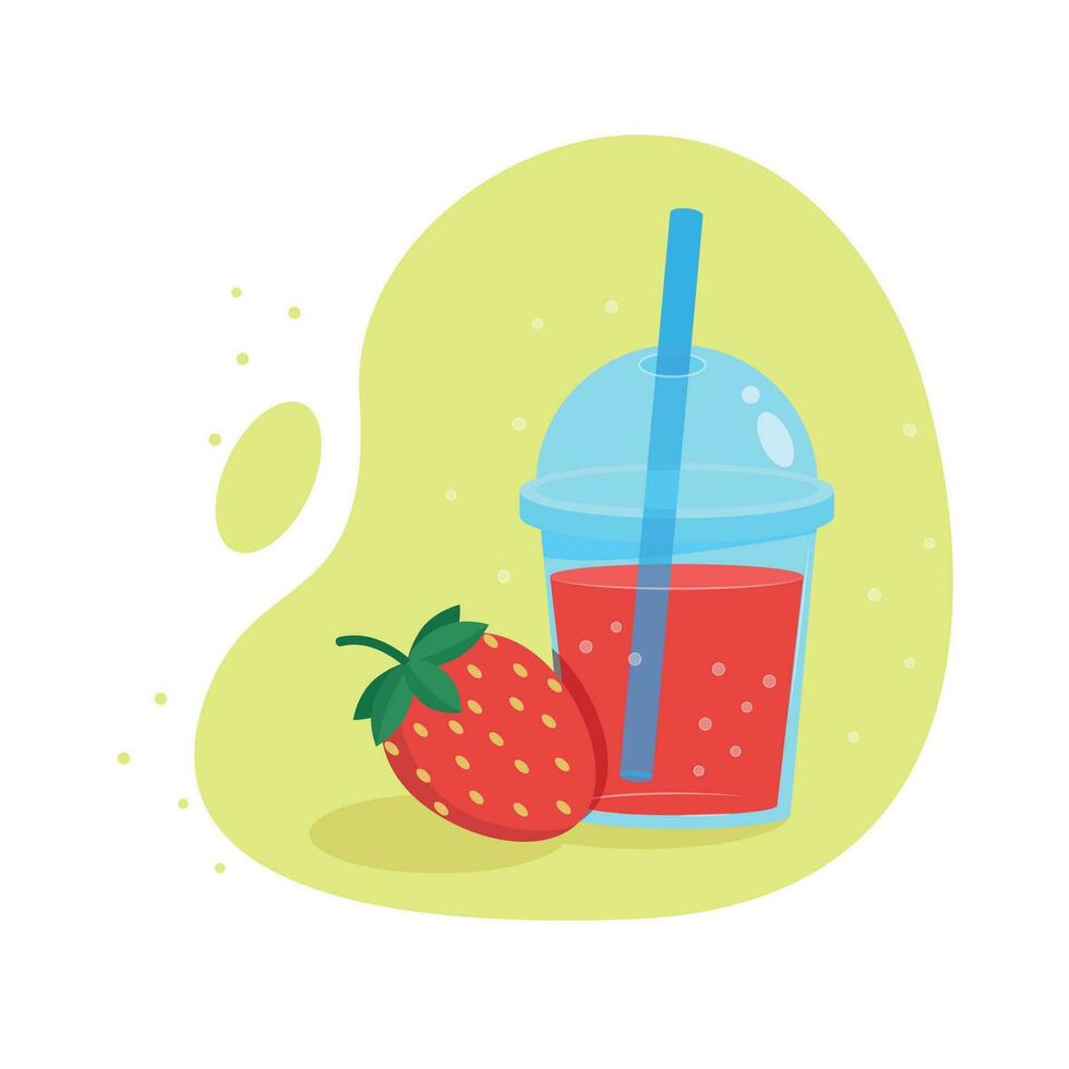 Strawberry juice in plastic glass with straw. vector