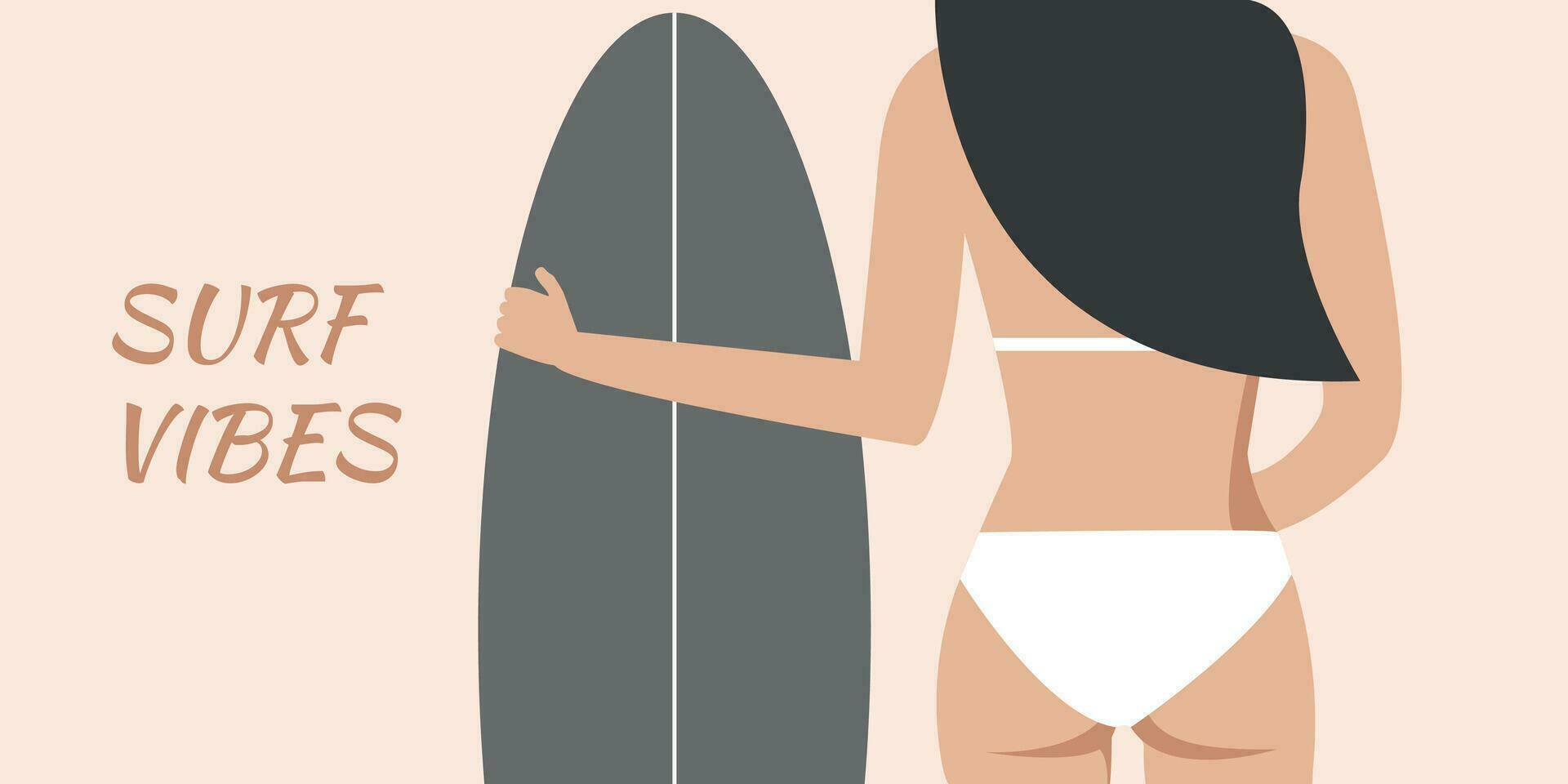Silhouette of girl in swimsuit with surfboard in her hand. Summer, vacation and beach concept. Vector illustration