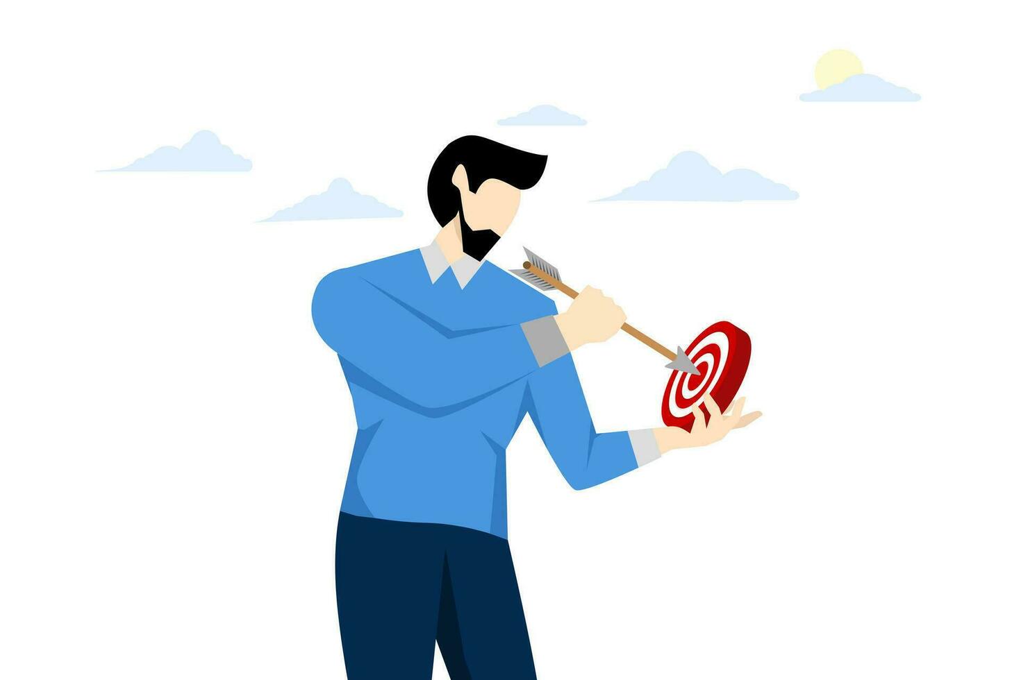 The concept of determining the target market for small businesses. Narrow down the target audience. Focus on a specific goal or group. Businessman trying to aim, create flat vector illustration.