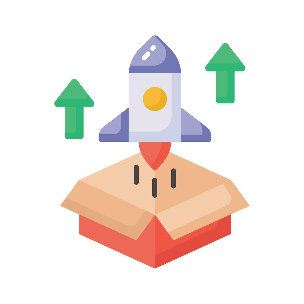 Box with rocket showing product release concept vector, business startup icon vector