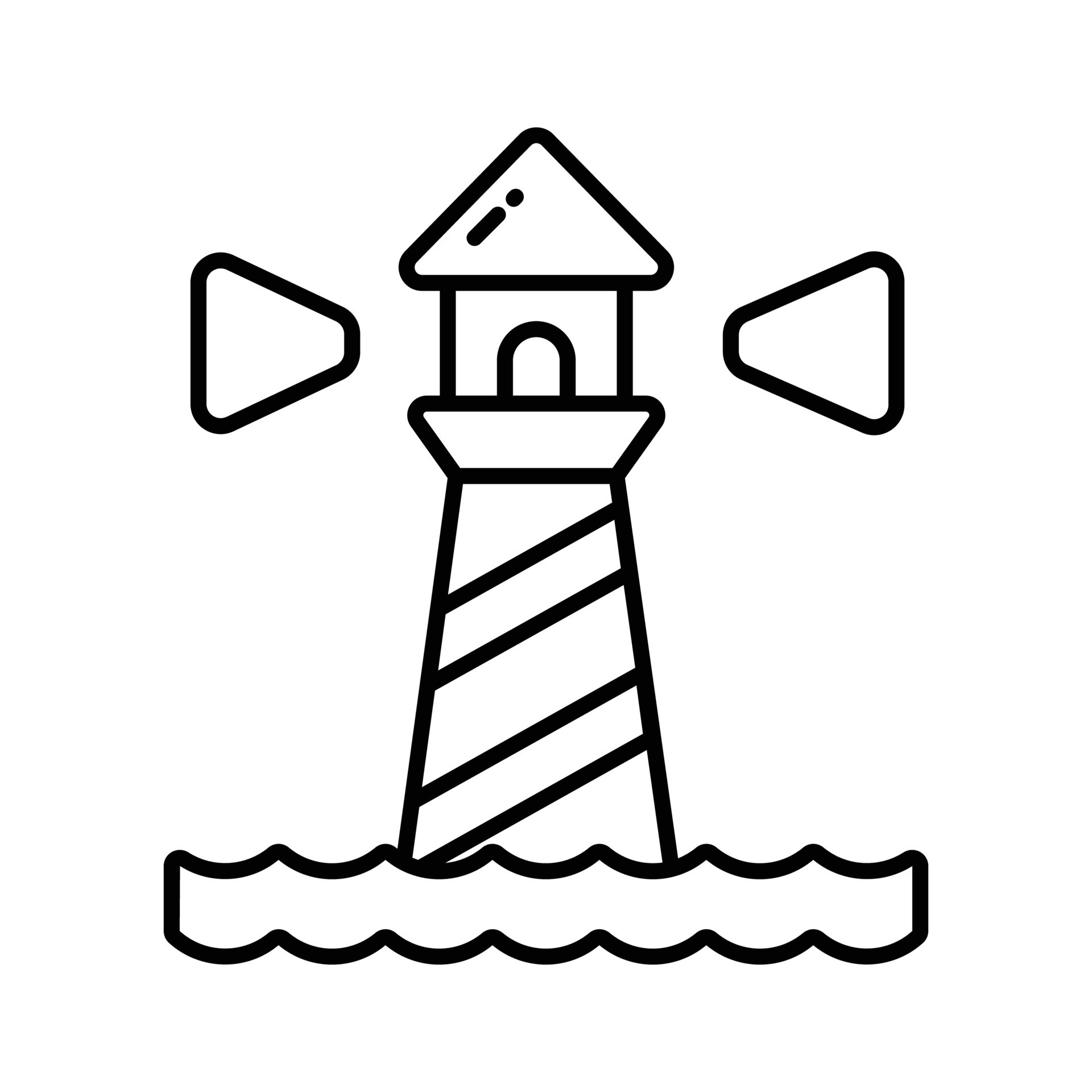 A tower containing a beacon light to warn or guide ships at sea, well