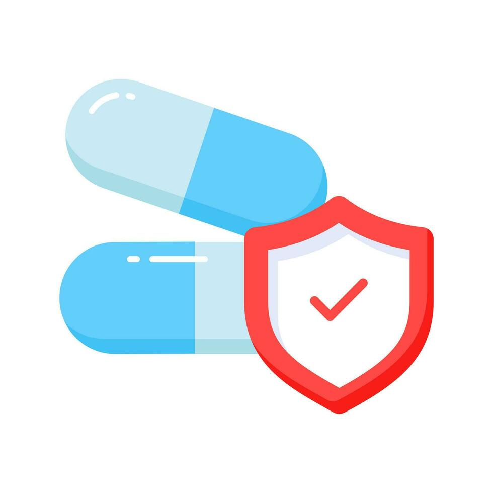 Protection shield with medicine pills showing concept icon of medicine protection, drugs safety vector