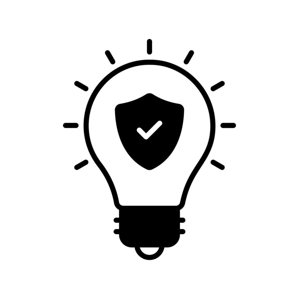 Safety shield with tick mark inside light bulb, concept of idea protection icon vector