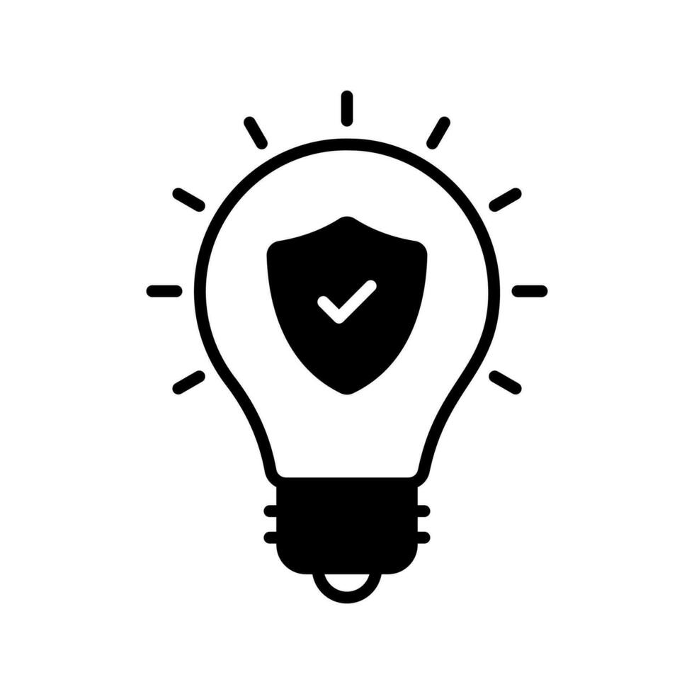 Safety shield with tick mark inside light bulb, concept of idea protection icon vector