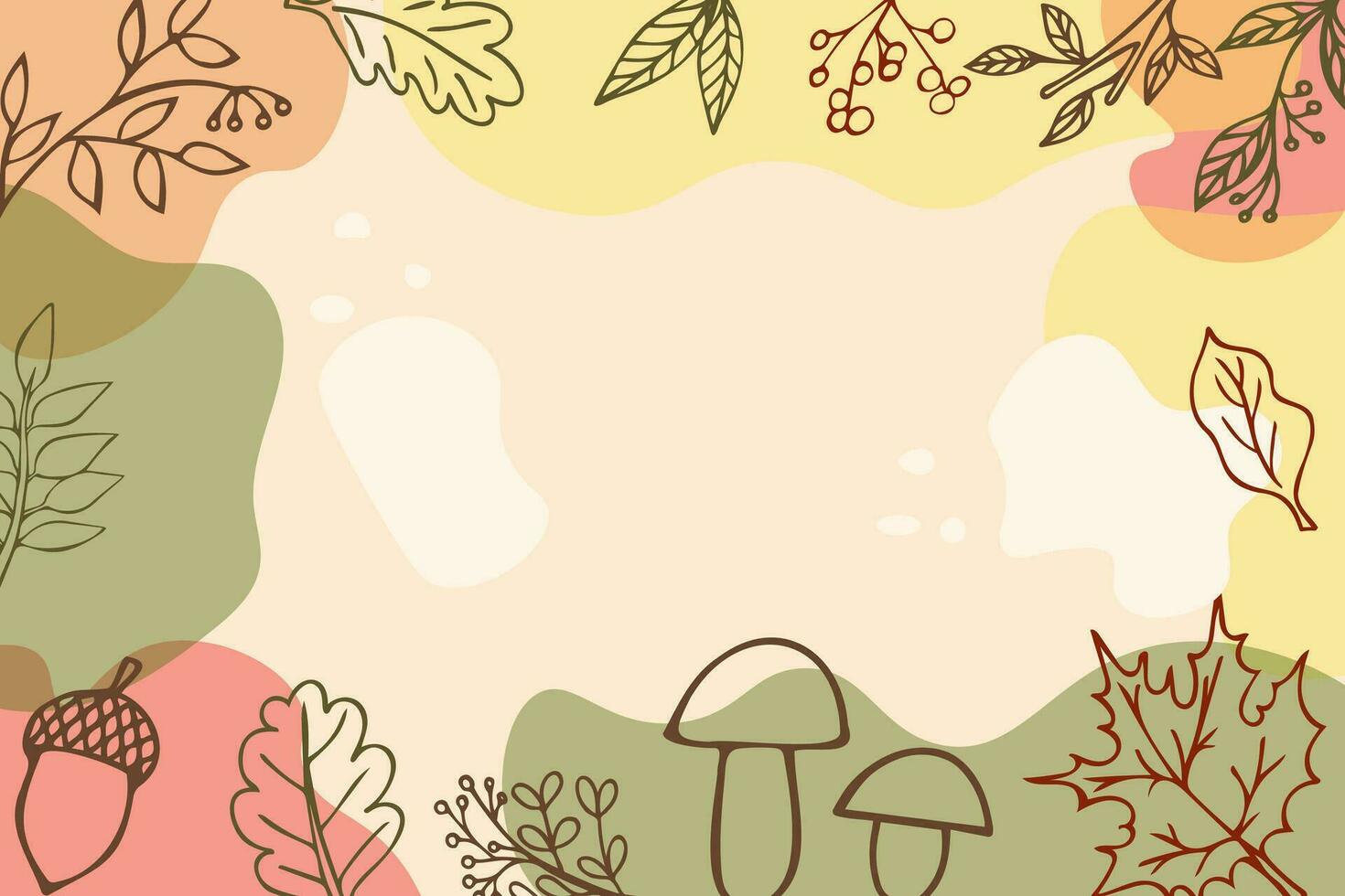 Autumn background with leaves, mushrooms, fall wallpaper with doodle hand drawn leaves vector