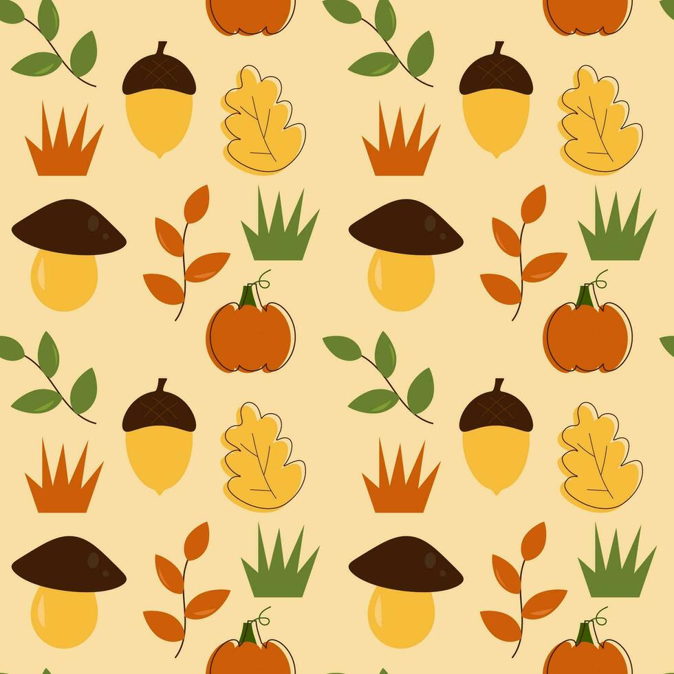 Seamless autumn pattern with mushroom, leaves and acorn vector