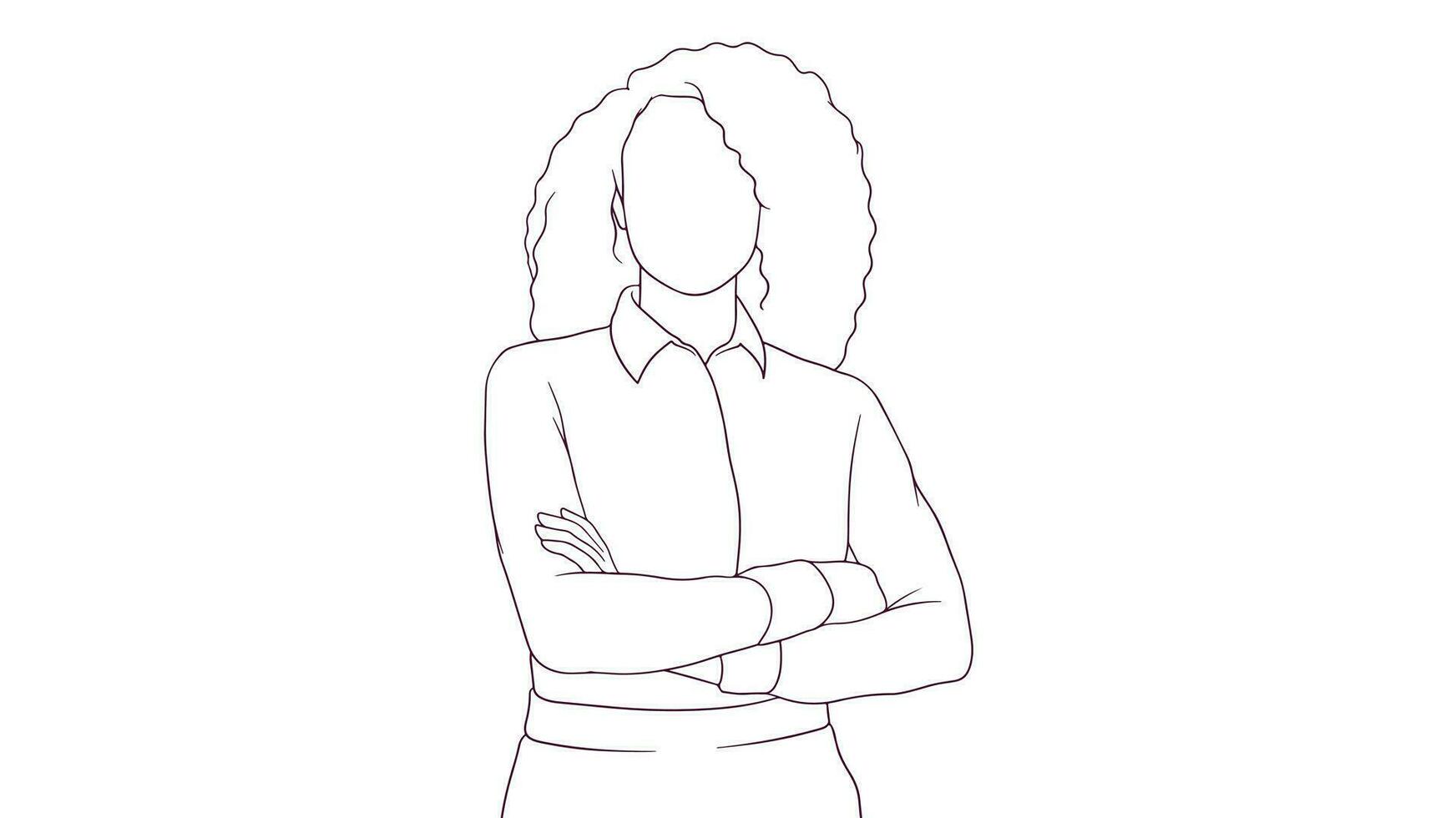 confidente mujer de negocios en pie alto con cruzado brazos, mano dibujado estilo vector ilustración