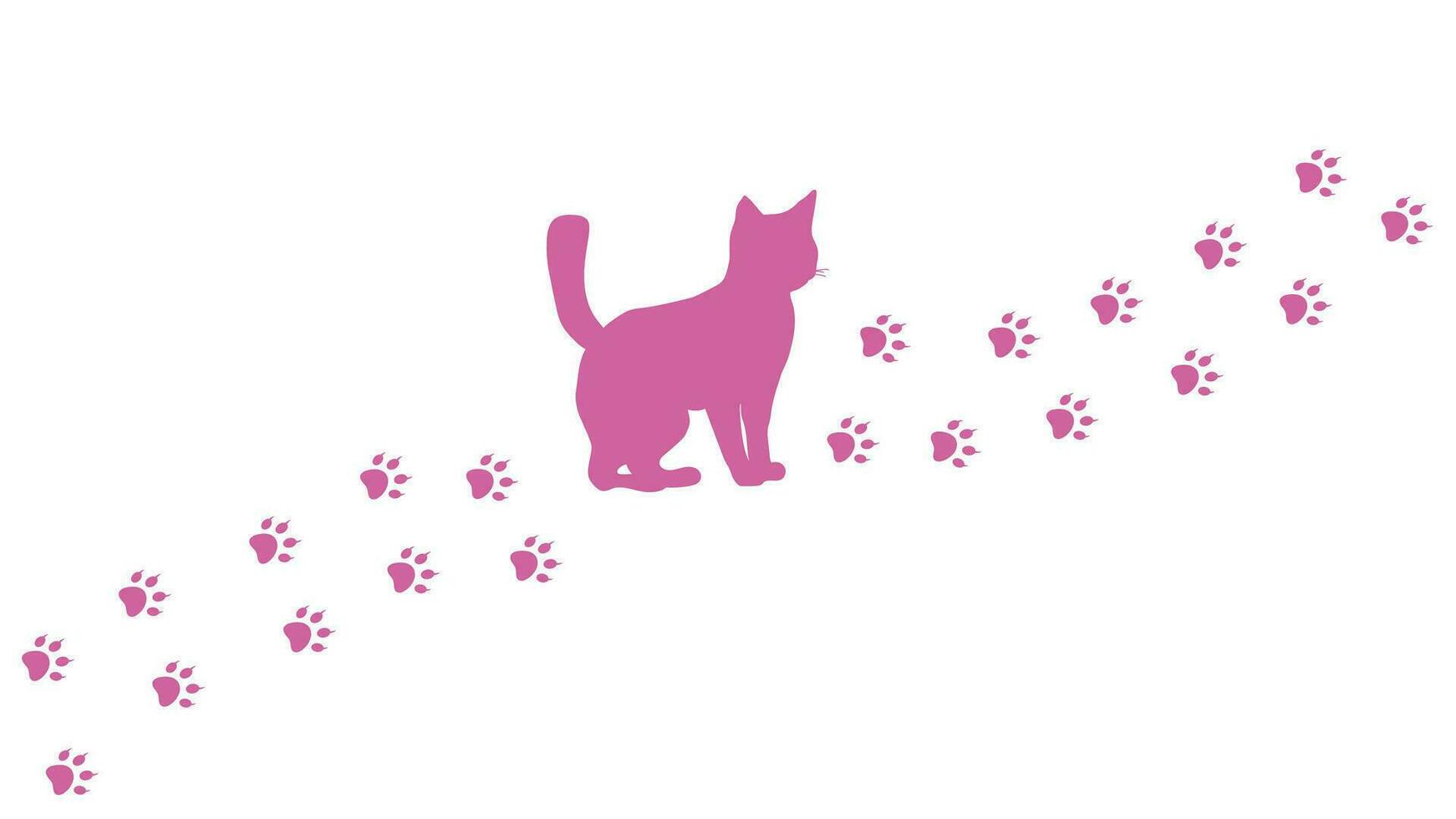 Cat and its footprints, paw prints. A trail of cat footprints. Pink-purple silhouette. Vector isolated on white. Domestic pet. Design, poster, pet store, cover, print, logo.