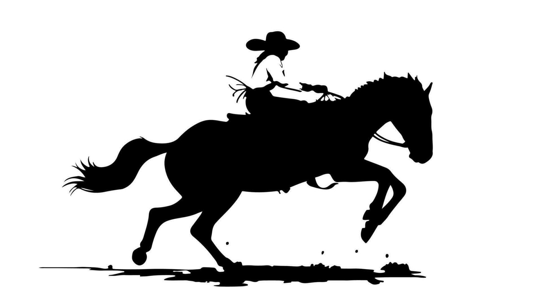 Western cowboy in hat riding horseback. Human rides a horse. Black silhouette. Rodeo, horse racing, wild west, western. Vector illustration isolated on white background.