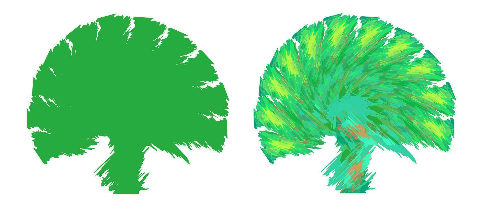 Creative deciduous tree, smears of green, red yellow paint, tree silhouette. Concept of ecology, environmental protection. For design icon emblem logo. Vector