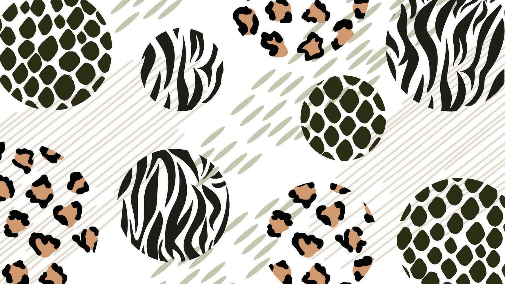 Abstract geometric background of animal fur and skin patterns. Modern patchwork style. Collage of zebra, snake, leopard patterns in circles. Vector. For fabric print, clothes, covers, textiles vector