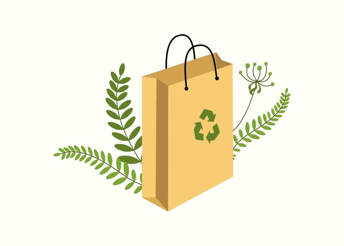 Paper bag. Eco-friendly reusable and recyclable kraft bag, ecology sign, grass, leaf. Recycling, zero waste, eco friendly concept, cardboard packaging for shopping. Flat vector illustration.