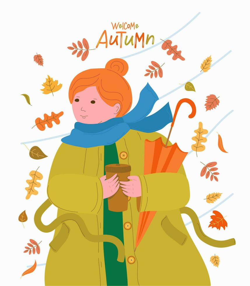 un niña en un impermeable con un vaso de caliente café camina en el otoño parque. otoño hojas, joven mujer, cerrado sombrilla. contento expresión. vector ilustración, aislado blanco antecedentes.