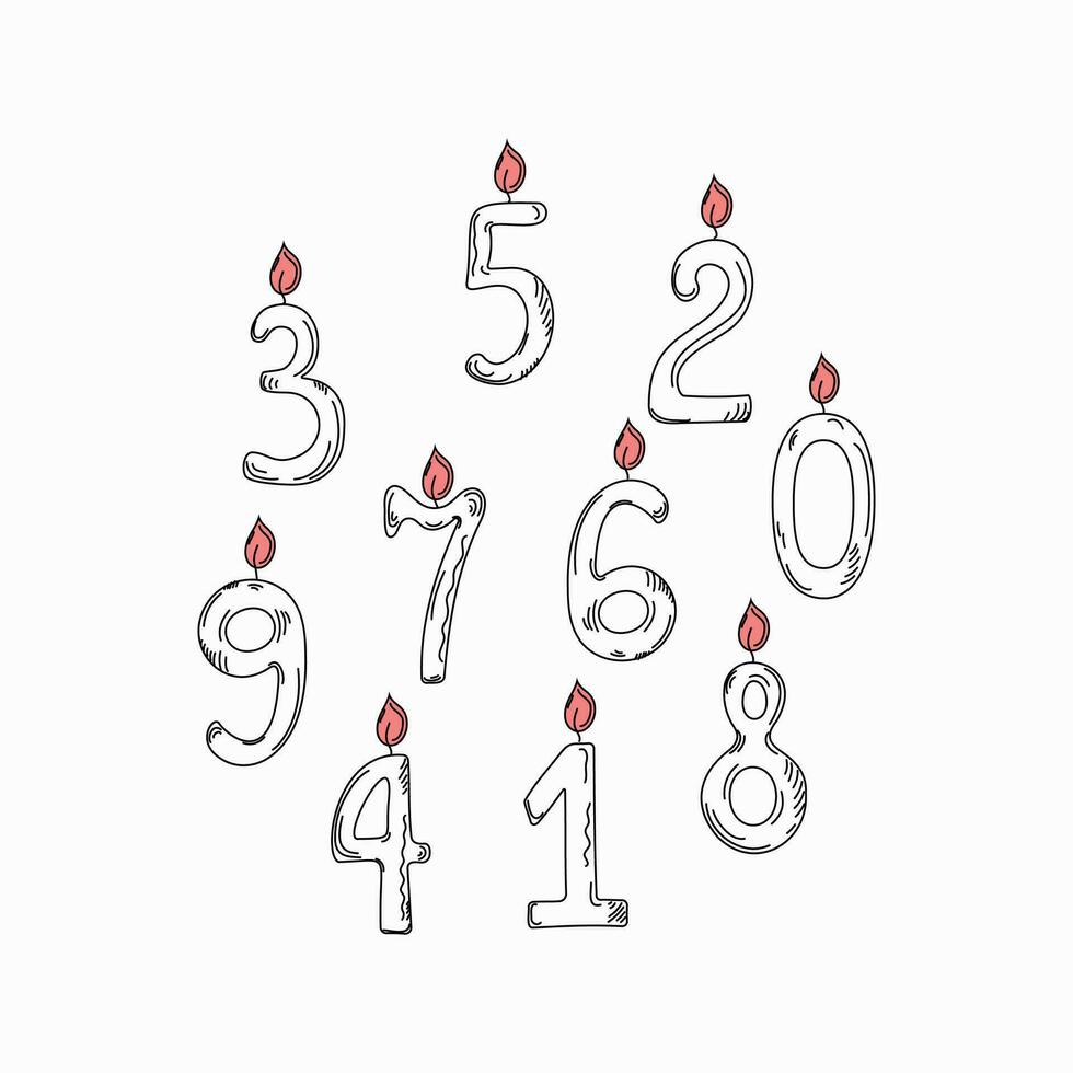 Cake candles. Doodle numbers. Candles burning, fire. Birthday, date. Vector illustration. Festive decor.