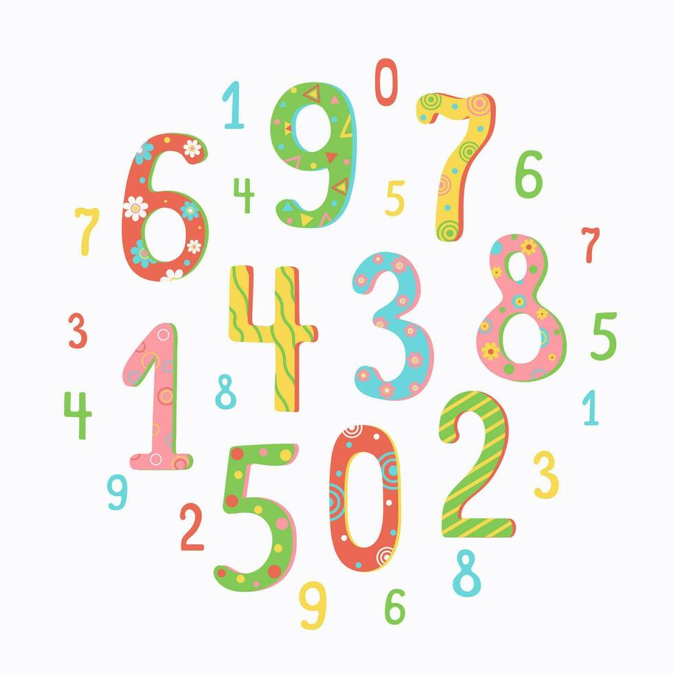 The numbers are multi-colored. Birthday, date. Variety of numbers. Vector illustration, background isolated.