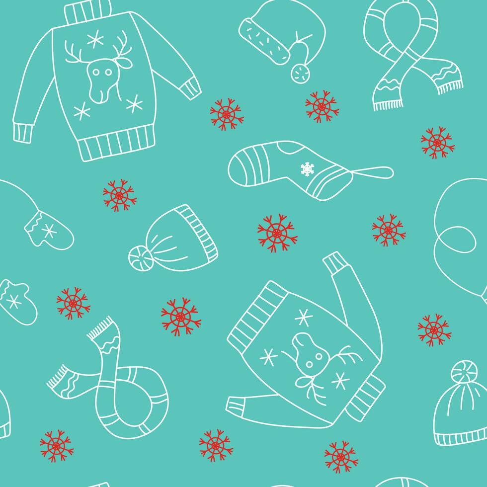 Vector winter clothes pattern. Knitted jersey, Christmas ornament. Doodle, contour drawings.