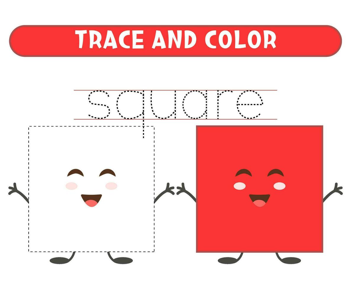 Trace and color cute square. Basic geometric shapes. Worksheet for kids