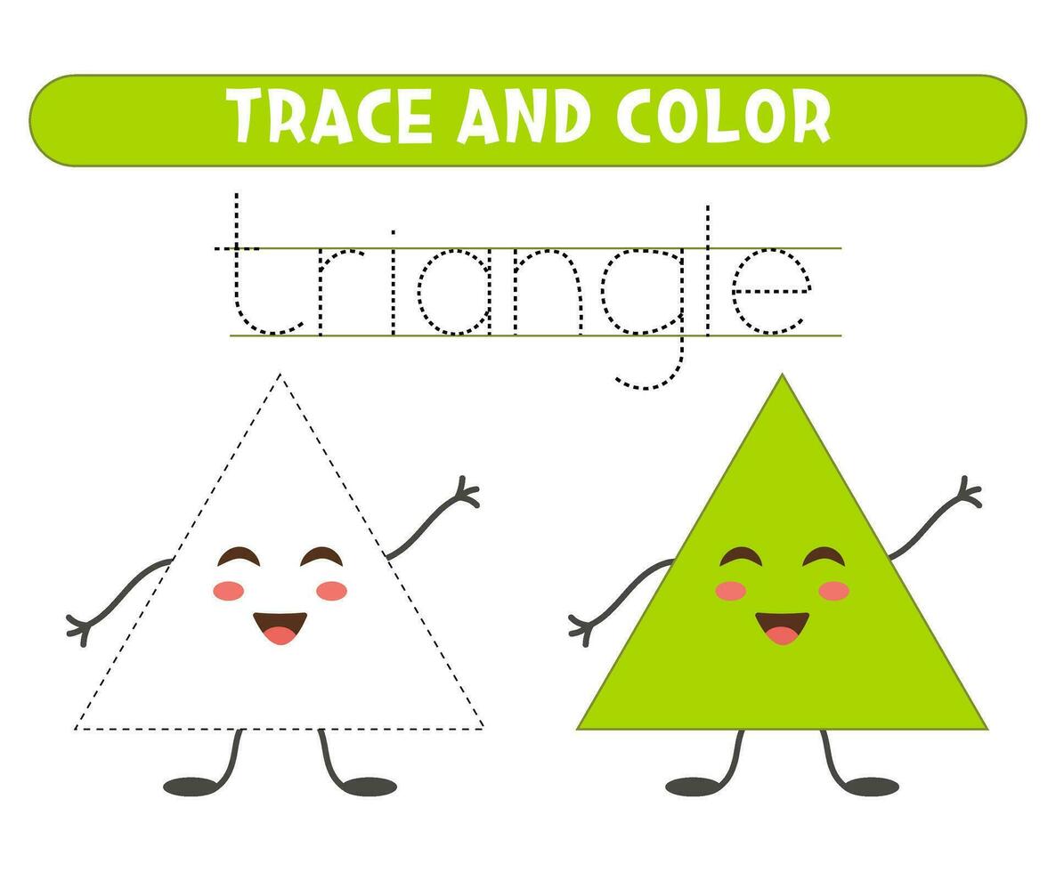 Trace and color cute triangle. Basic geometric shapes. Worksheet for
