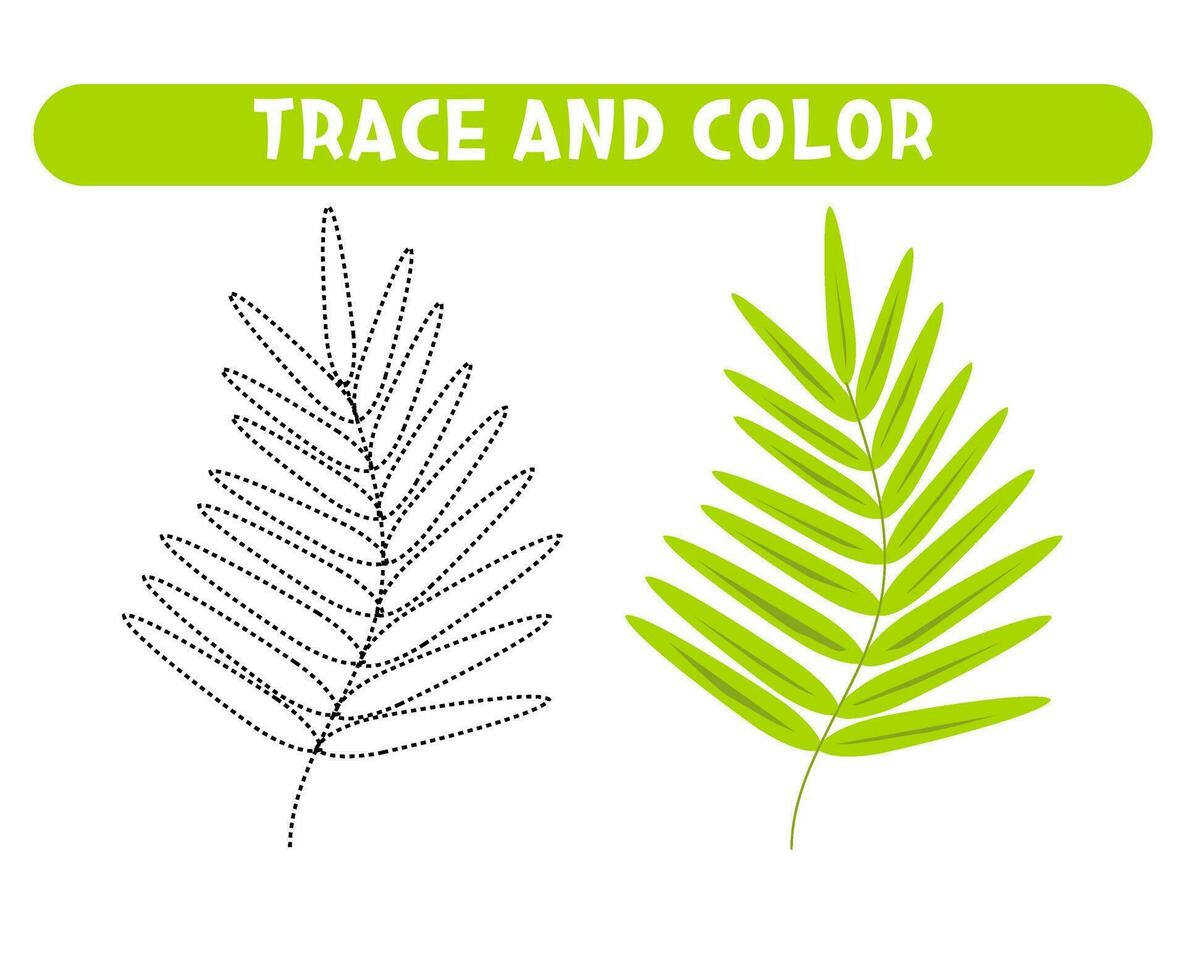 Trace and color green leaf. Worksheet for kids vector