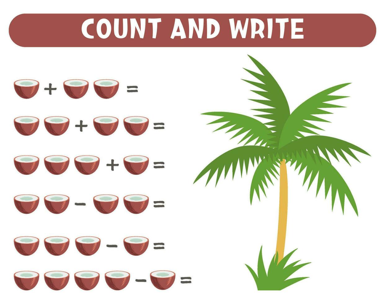 Math game for kids. Count coconuts. Printable worksheets. vector