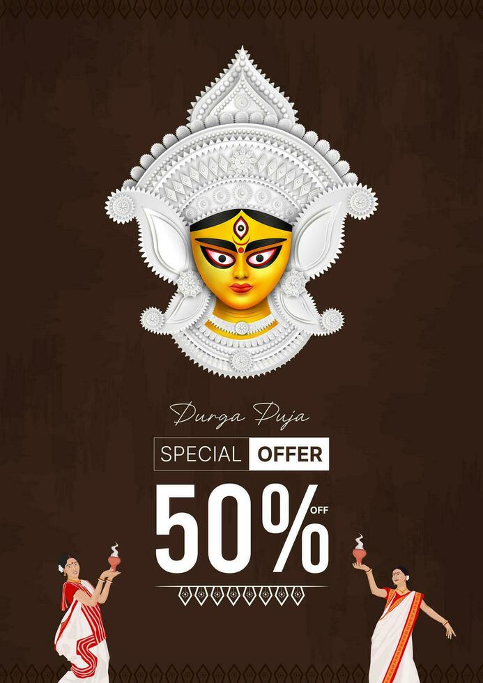 diosa maa Durga cara en contento Durga puya, dussehra, y navratri celebracion concepto para web bandera, póster, social medios de comunicación correo, y volantes publicidad vector