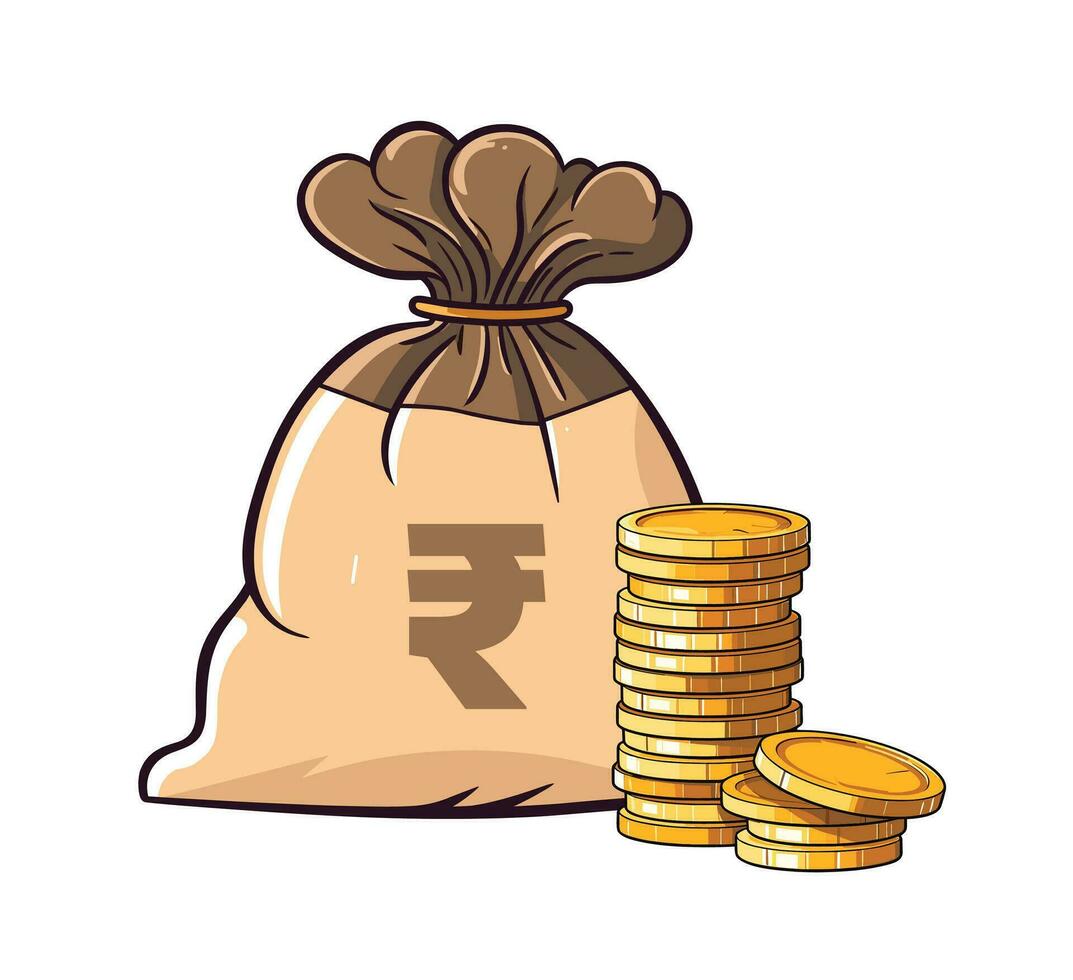 Money coin, Money bag. Money jute bag with coin stack isolated on white background vector