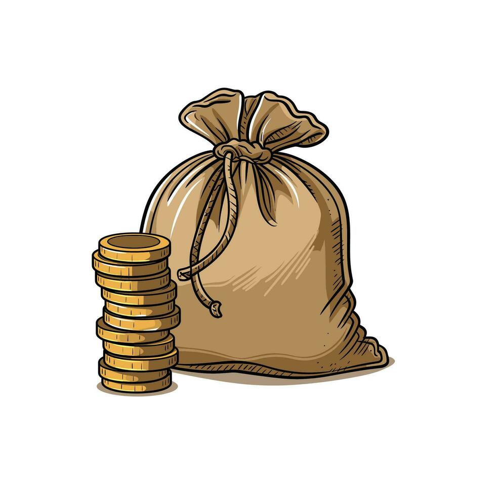 Money coin, Money bag. Money jute bag with coin stack isolated on white background vector
