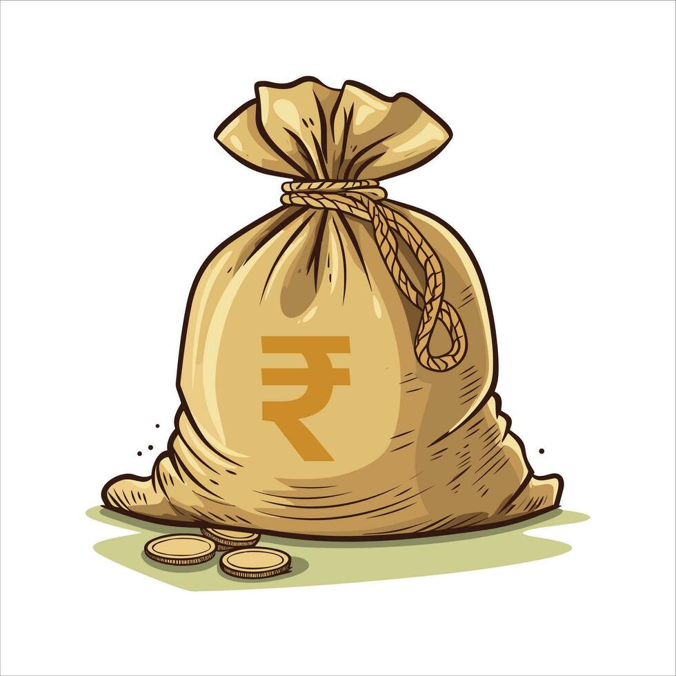 Money coin, Money bag. Money jute bag with coin stack isolated on white background vector