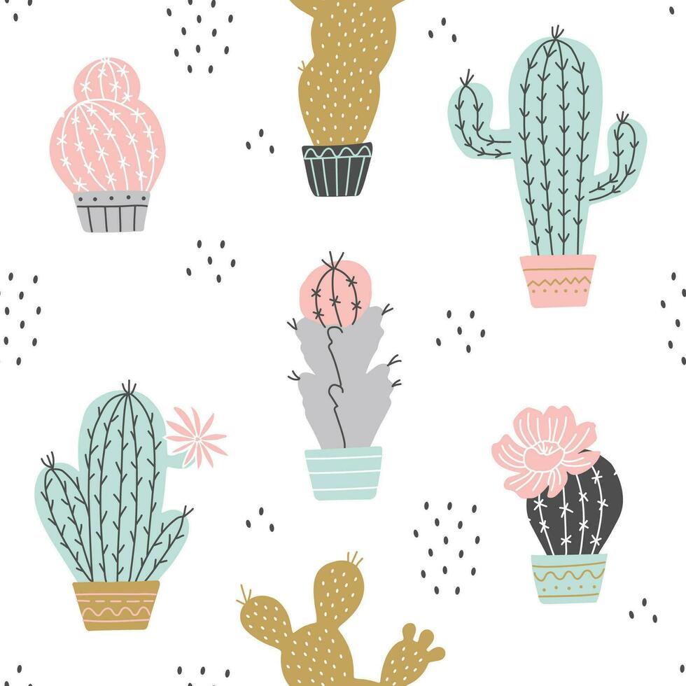 Vector seamless cactuses pattern with dots chia on white background, hand drawn sketch with cactuses in flowerpots. Mexican cute cactus print in pastel colors.