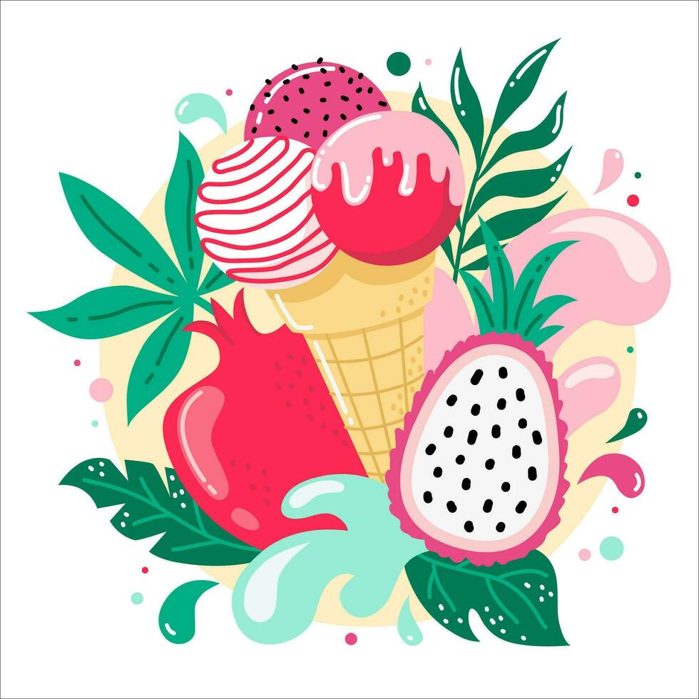 Cute hand drawn ice cream cones with tropical fruits and leaves on round background with splash. Vector illustration blended smoothie for logo, ads, promotion, marketing, banner.