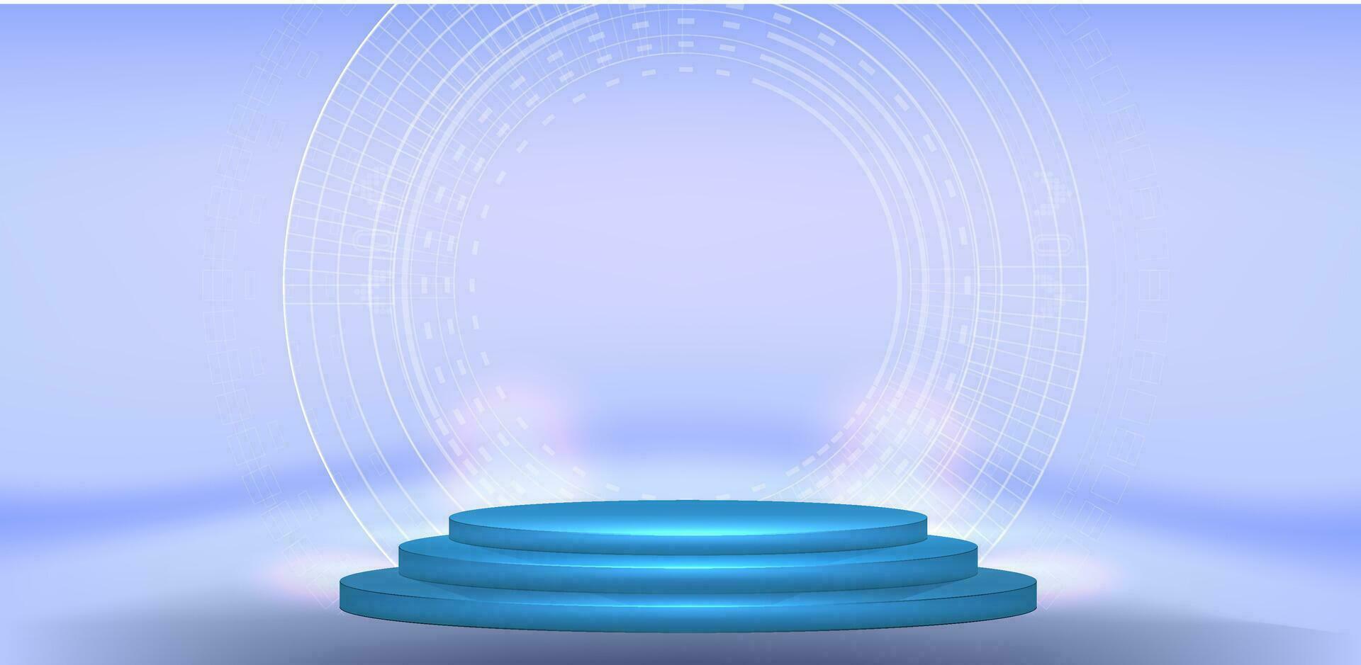 Table, podium, presentation monitor. Portal and hologram futuristic Neon color circle elements. vector