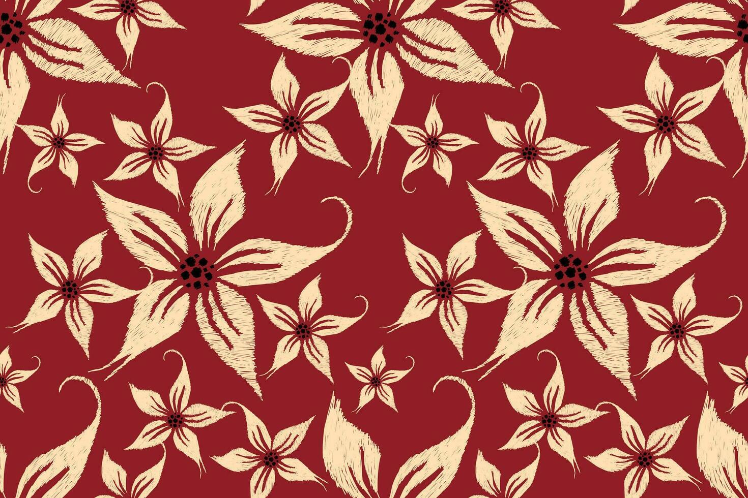 Ikat floral paisley embroidery on red background.Ikat ethnic oriental seamless pattern traditional.Aztec style abstract vector illustration.design for texture,fabric,clothing,wrapping,decoration,scarf