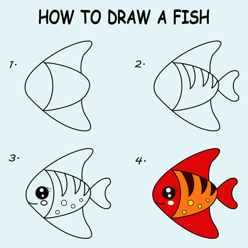 Step by step to draw a Fish. Drawing tutorial a Fish. Drawing lesson for children. Vector illustration
