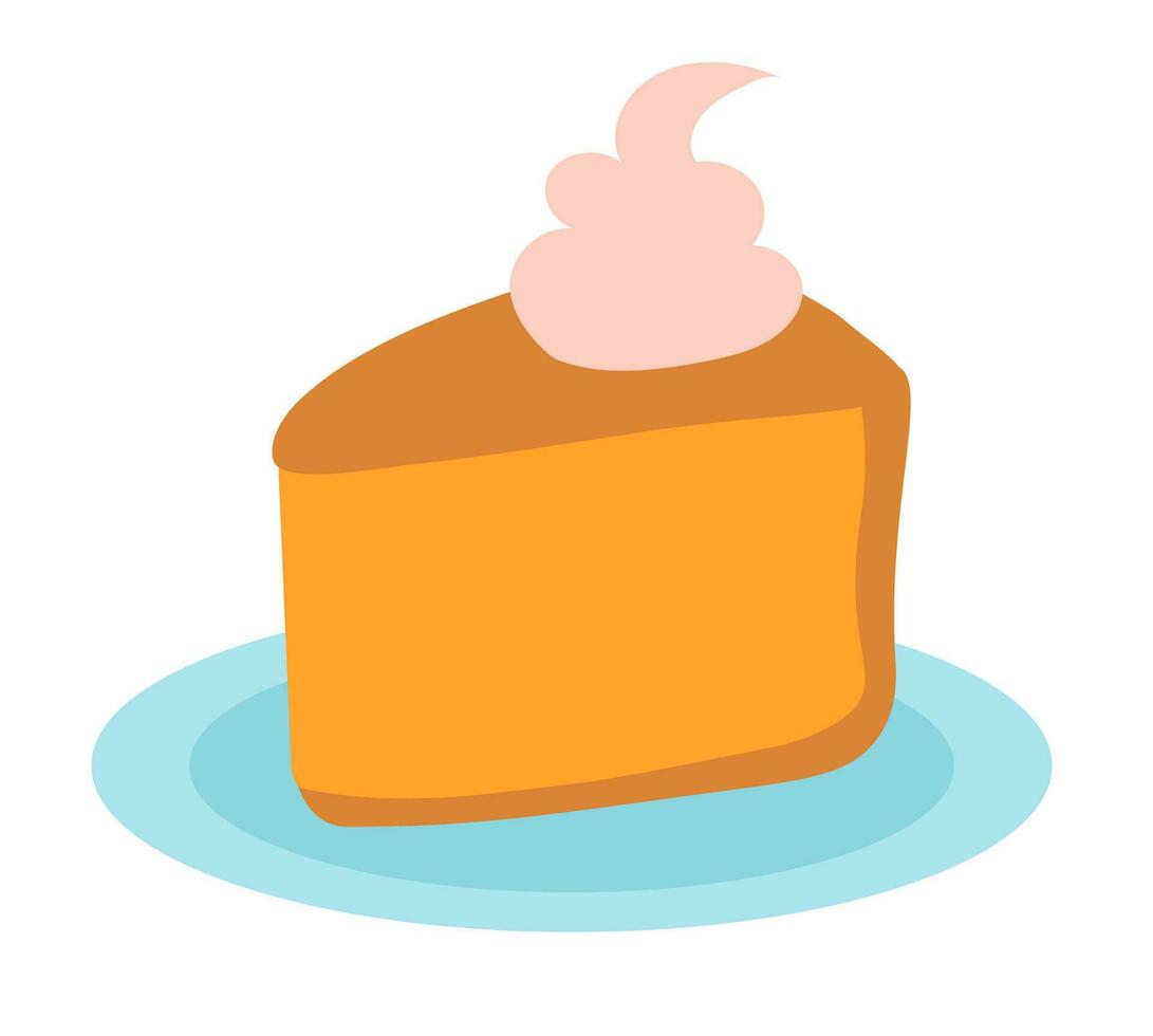 Slice of pumpkin pie with whipped cream on the plate. Flat vector illustration.