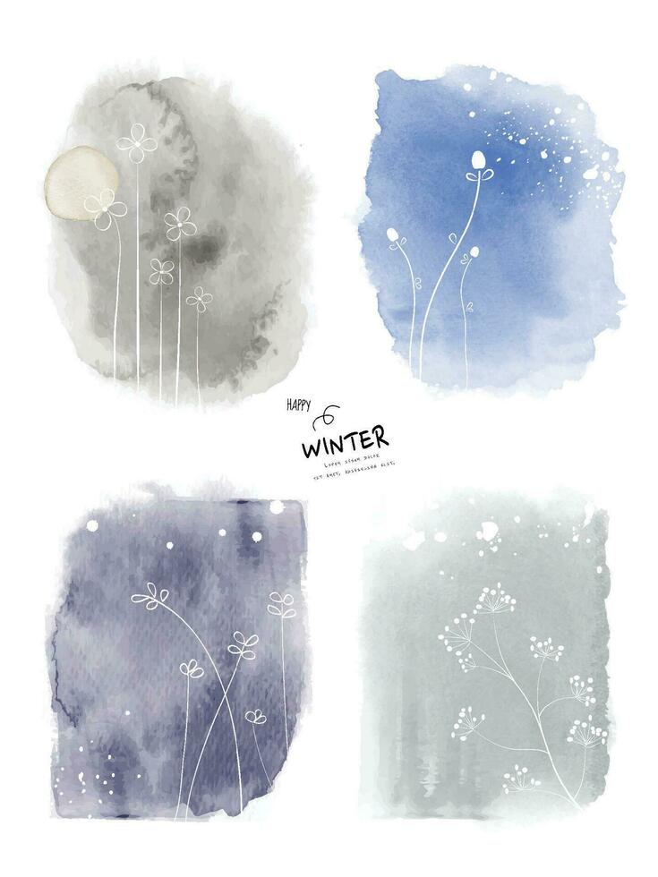 Set of art winter watercolor and doodle hand-painted background vector